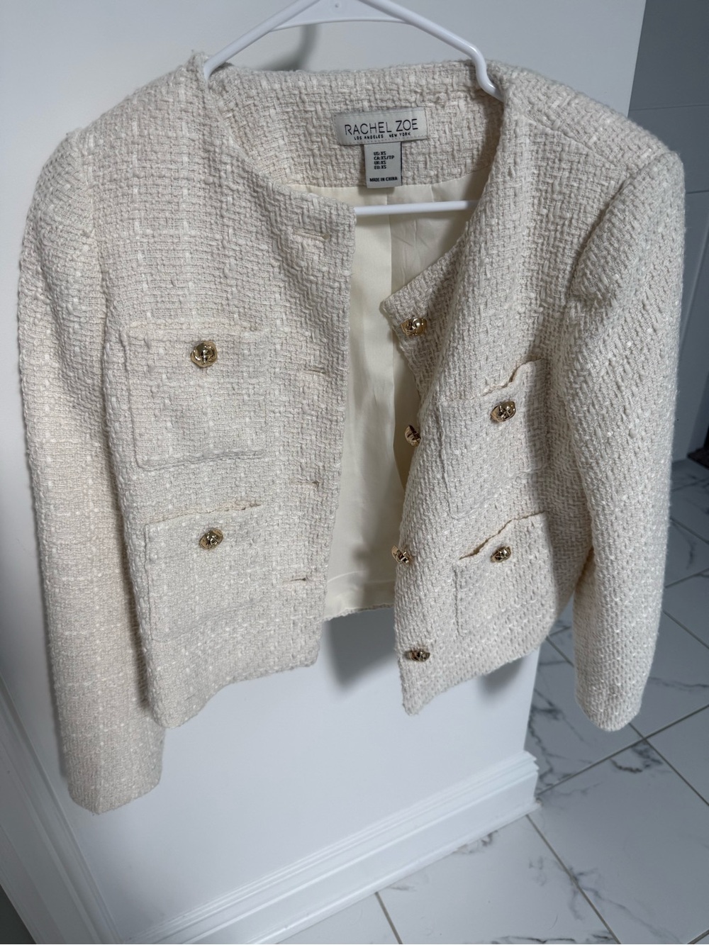 Rachel Zoe Ivory Tweed Collarless Jacket with Gold Buttons